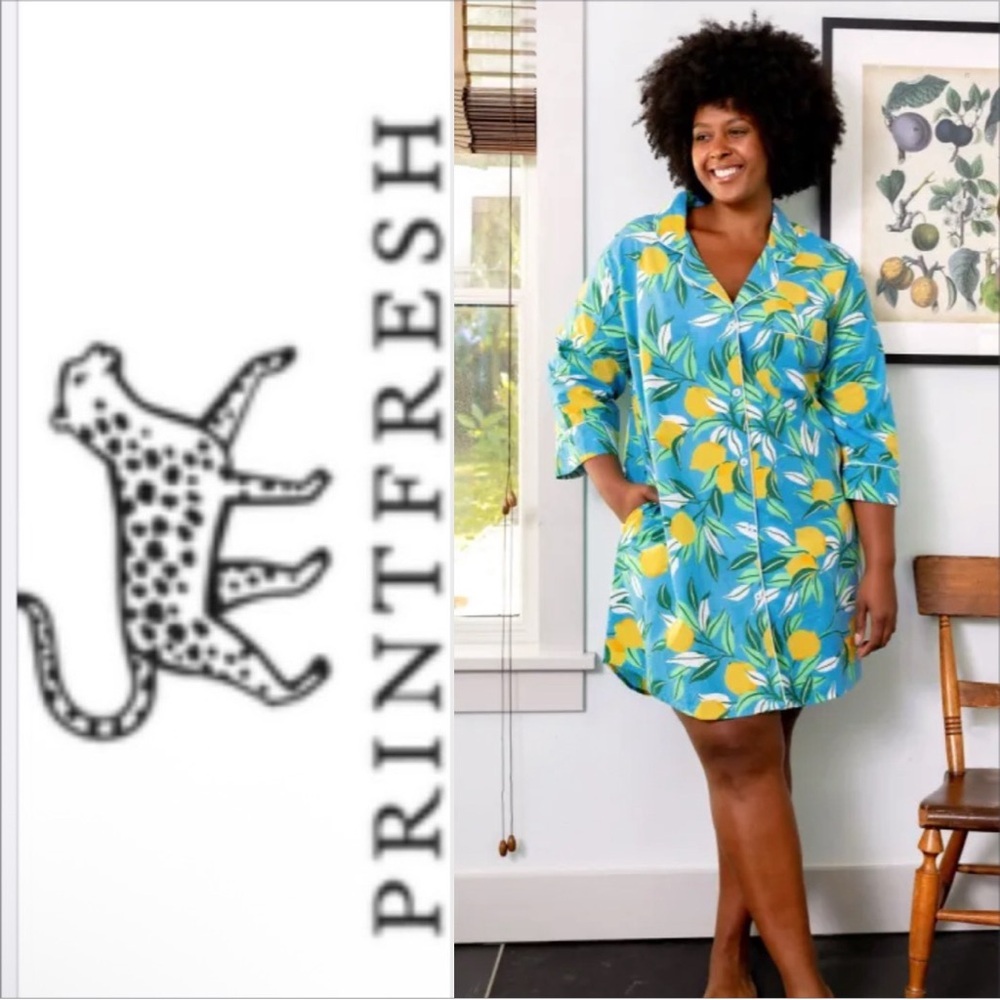 Anthropologie Print Fresh Lemon zest Nightgown Pockets Sleep Shirt Size L